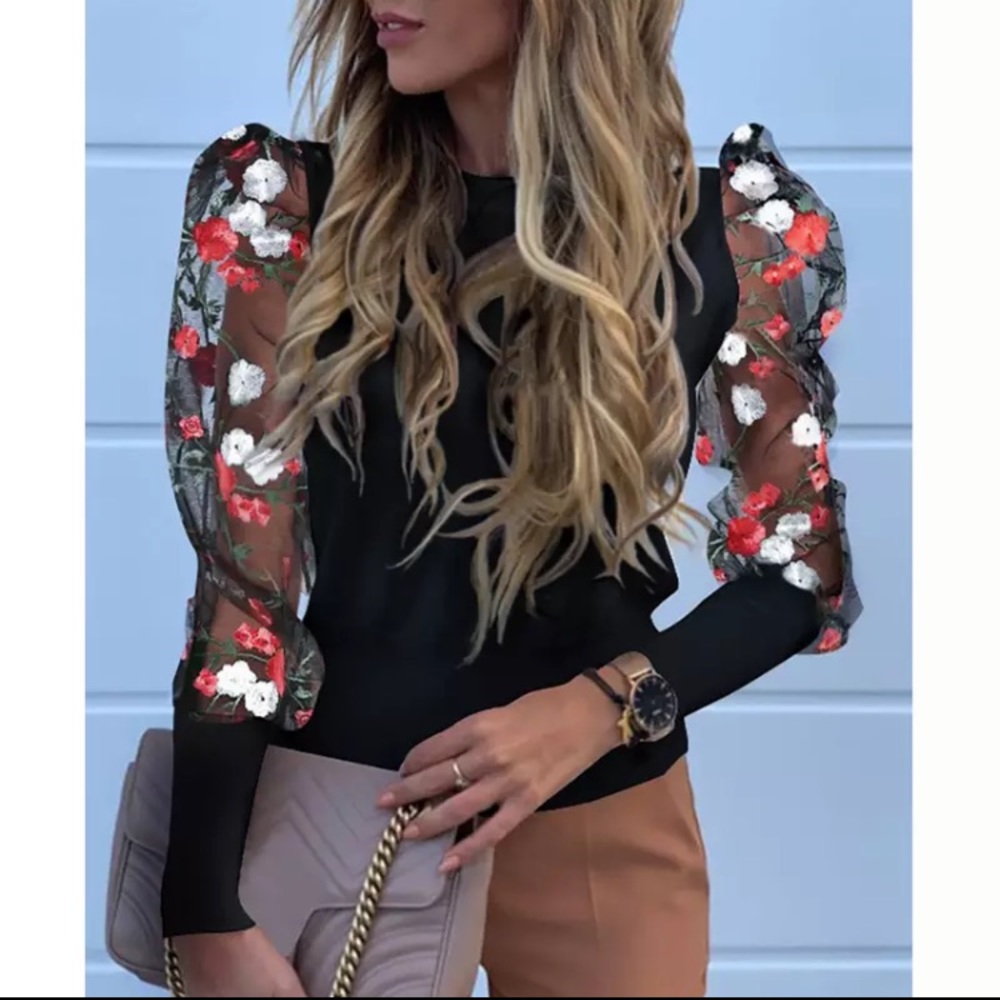 Black Floral Embroidery Long sheer Sleeve Blouse